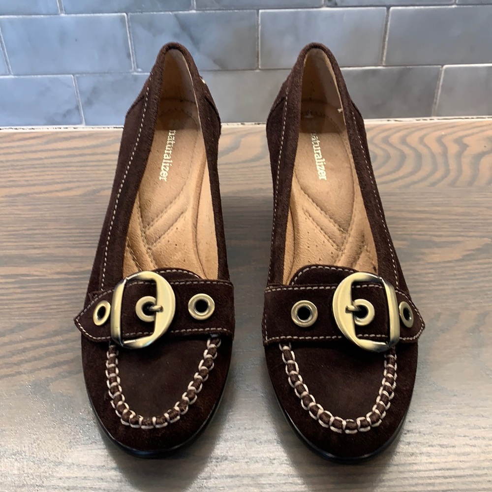 Dark brown suede pumps gold buckle sz 6.5 NWOT